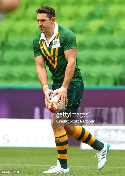 Billy Slater of the Kangaroos runs with the ball during an Australian Kangaroos training session on October 26, 2017 in Melbourne, Australia.