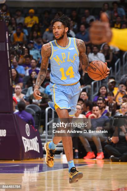 Brandon Ingram of the Los Angeles Lakers handles the ball against the Washington Wizards on October 25, 2017 at STAPLES Center in Los Angeles,...