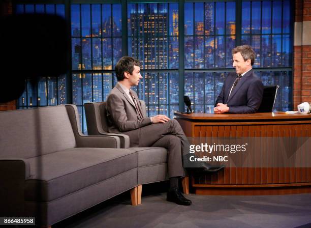 Episode 597 -- Pictured: Writer Nathan Fielder during an interview with host Seth Meyers on October 25, 2017 --