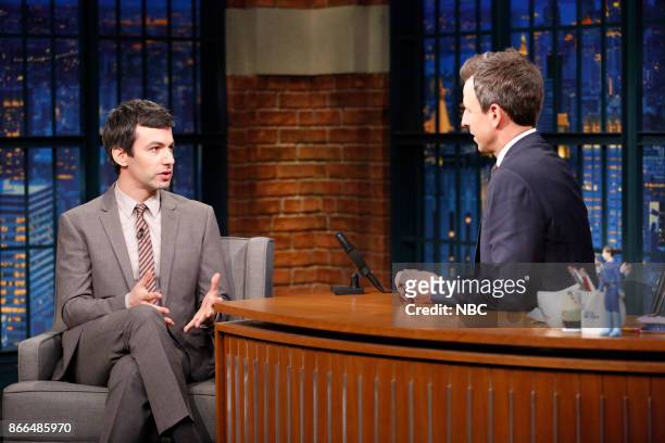Episode 597 -- Pictured: Writer Nathan Fielder during an interview with host Seth Meyers on October 25, 2017 --
