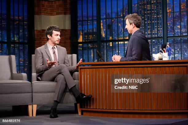 Episode 597 -- Pictured: Writer Nathan Fielder during an interview with host Seth Meyers on October 25, 2017 --