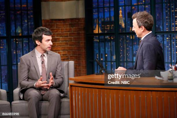 Episode 597 -- Pictured: Writer Nathan Fielder during an interview with host Seth Meyers on October 25, 2017 --