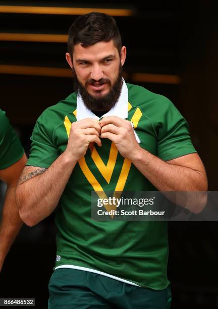 Matt Gillett of the Kangaroos looks on during an Australian Kangaroos training session on October 26, 2017 in Melbourne, Australia.