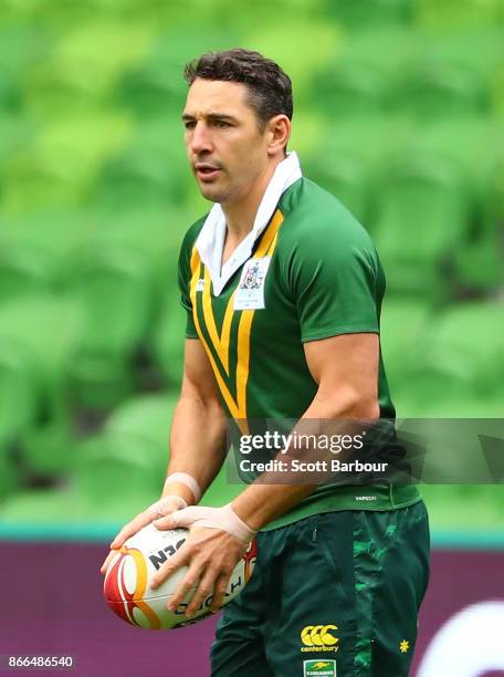 Billy Slater of the Kangaroos runs with the ball during an Australian Kangaroos training session on October 26, 2017 in Melbourne, Australia.