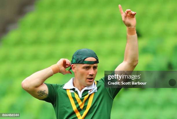 Cooper Cronk of the Kangaroos gestures during an Australian Kangaroos training session on October 26, 2017 in Melbourne, Australia.