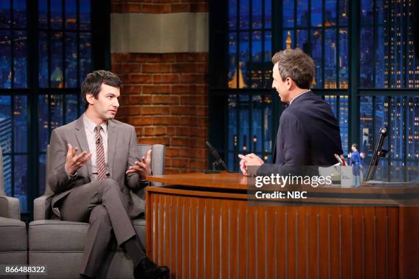 Episode 597 -- Pictured: Writer Nathan Fielder during an interview with host Seth Meyers on October 25, 2017 --