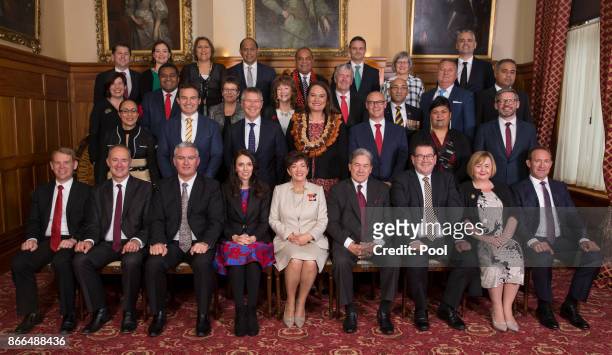 The Governor-Genaral Dame Patsy Reddy joins Prime Minister Jacinda Ardern and her new executive in an official photograph at the swearing-in ceremony...
