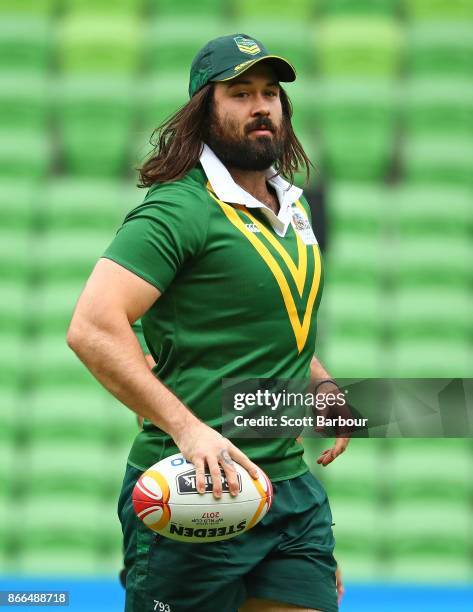 Aaron Woods of the Kangaroos runs with the ball during an Australian Kangaroos training session on October 26, 2017 in Melbourne, Australia.