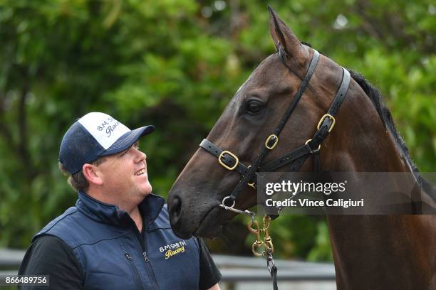 Trainer Benjamin Smith poses with In Her Time after having a swim at Flemington ahead of tomorrow nights Group One Manikato Stakes at Moonee Valley...