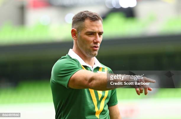 Cameron Smith of the Kangaroos gestures during an Australian Kangaroos training session on October 26, 2017 in Melbourne, Australia.