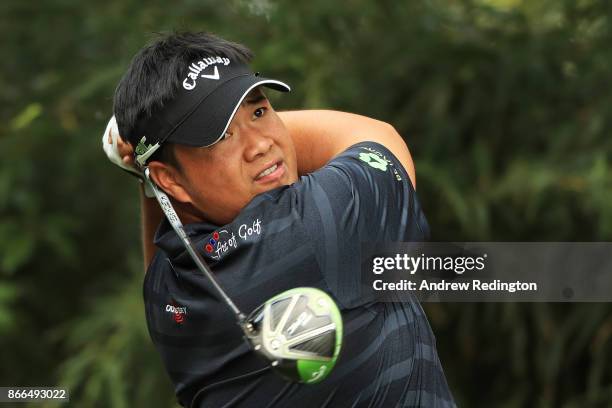 Kiradech Aphibarnrat of Thailand plays his shot from the ninth tee during the first round of the WGC - HSBC Champions at Sheshan International Golf...