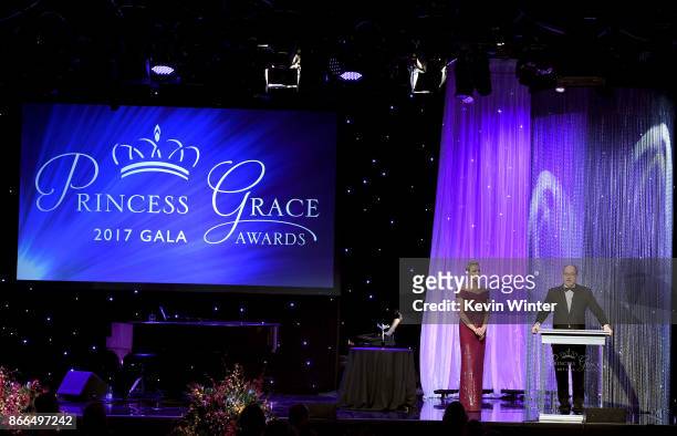 Her Serene Highness Princess Charlene of Monaco and His Serene Highness Prince Albert II of Monaco speak onstage at 2017 Princess Grace Awards Gala...