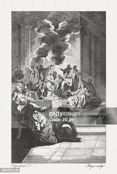 descent of the holy-ghost (acts 2), copper engraving, published 1774 - holy ghost stock illustrations