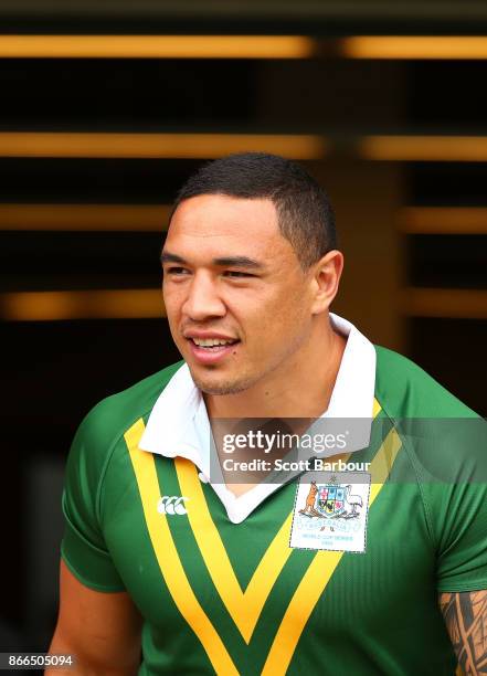 Tyson Frizell of the Kangaroos looks on during an Australian Kangaroos training session on October 26, 2017 in Melbourne, Australia.