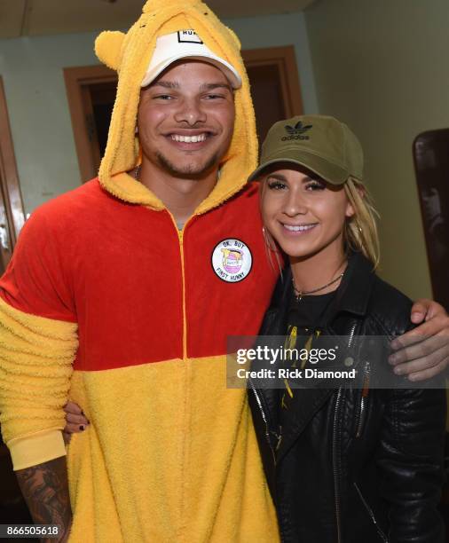 Singer/Songwriter Kane Brown aka Winnie the Pooh and Fiance Singer/Songwriter Katelyn Jae backstage at the 5th Annual Battle For The Bones at...