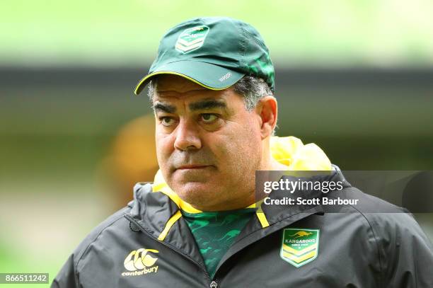 Mal Meninga, coach of the Kangaroos looks on during an Australian Kangaroos training session on October 26, 2017 in Melbourne, Australia.