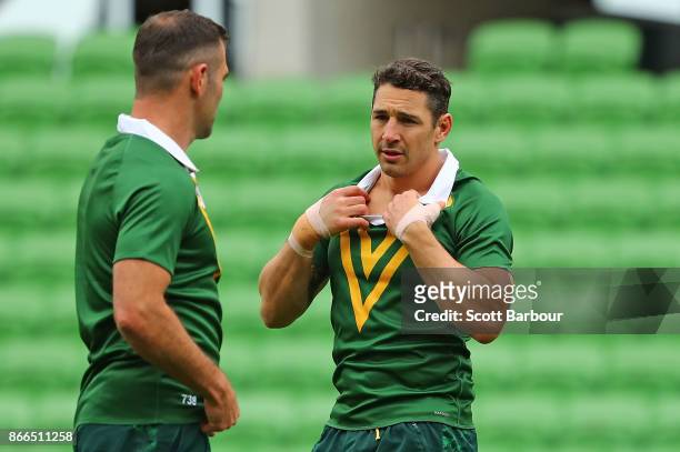 Cameron Smith and Billy Slater of the Kangaroos talk during an Australian Kangaroos training session on October 26, 2017 in Melbourne, Australia.