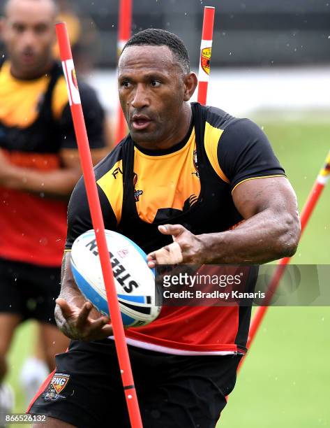 Rod Griffin passes the ball during a PNG Rugby League World Cup media opportunity at the Oil Search National Football Stadium on October 26, 2017 in...