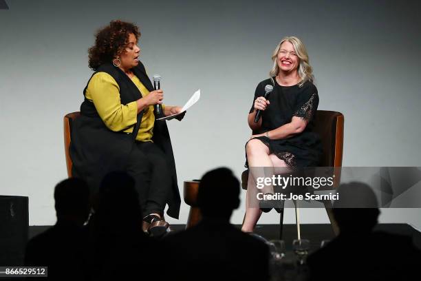 Michaela Pereira and Stephanie Sinclair speak onstage at the International Women's Media Foundation 2017 Courage In Journalism Awards at NeueHouse...