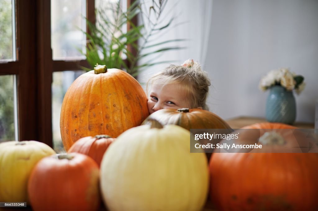 Child looking through a pile of pumpkins