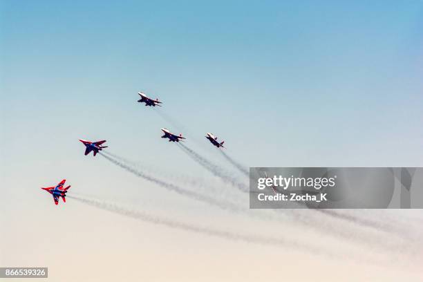 six jet fighters mig-29 of russian military aerobatic team 'swifts' - aerobatics stock pictures, royalty-free photos & images