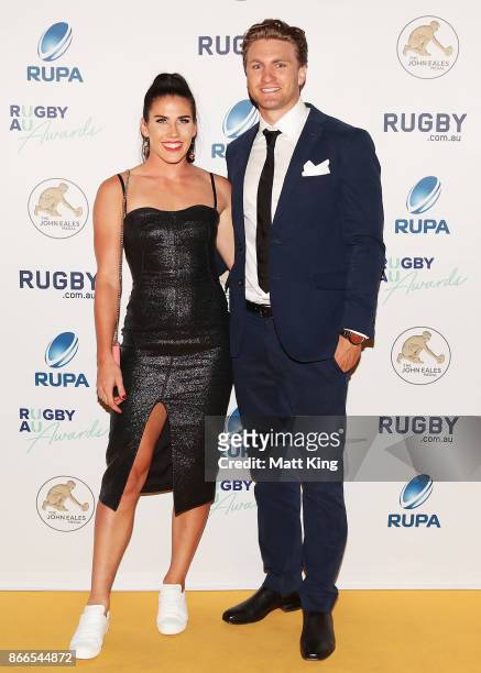 Charlotte Caslick and Lewis Holland arrive ahead of the 2017 Rugby Australia Awards at Royal Randwick Racecourse on October 26, 2017 in Sydney,...