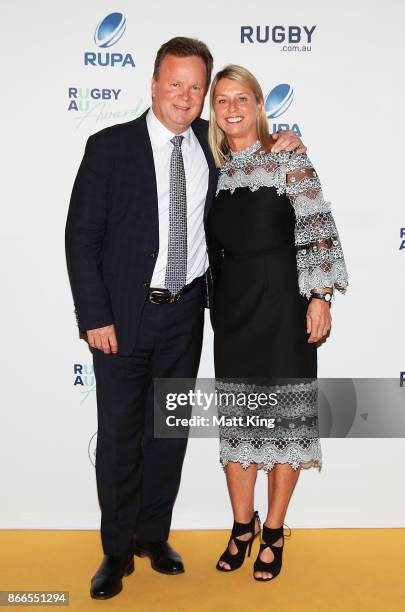Bill Pulver and Belinda Pulver arrive ahead of the 2017 Rugby Australia Awards at Royal Randwick Racecourse on October 26, 2017 in Sydney, Australia.