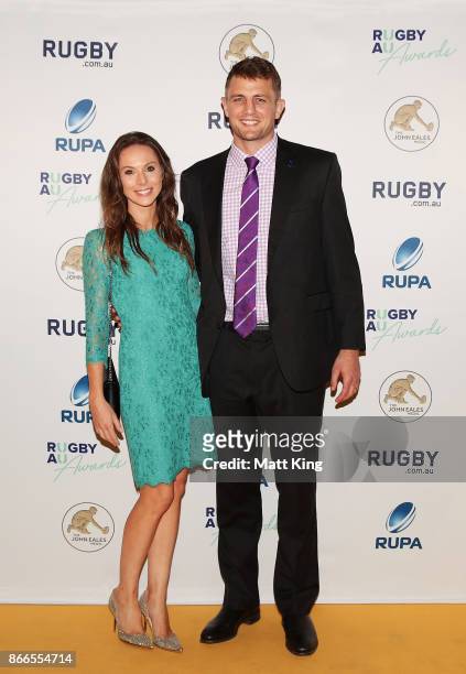 Dean Mumm and partner Vanessa Lachey arrive ahead of the 2017 Rugby Australia Awards at Royal Randwick Racecourse on October 26, 2017 in Sydney,...