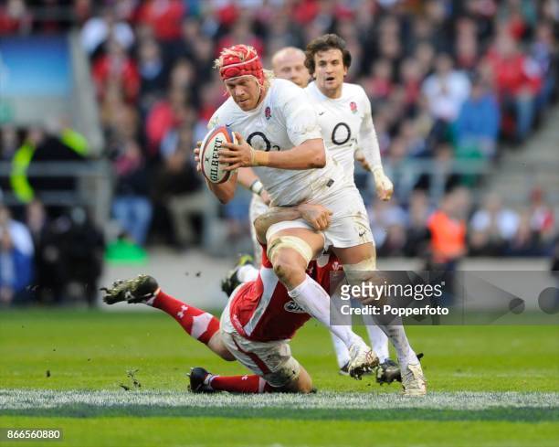Mouritz Botha of England charges upfield during the RBS 6 Nations match between England and Wales at Twickenham Stadium on February 25, 2012 in...