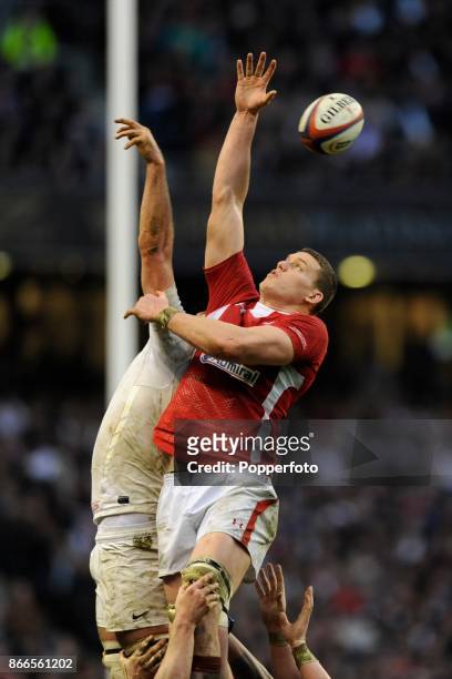 Ian Evans of Wales wins a lineout during an RBS 6 Nations match between England and Wales at Twickenham Stadium on February 25, 2012 in London,...