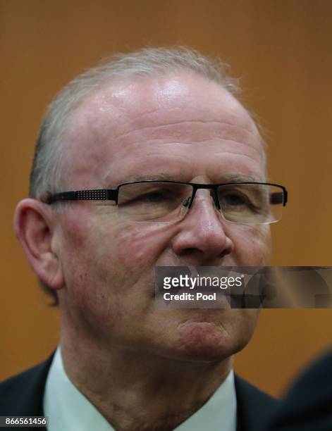 Hannes Linke, lawyer of Daniel M., looks on prior to the trial on charges of spying for the Swiss government October 26, 2017 in Frankfurt Main,...