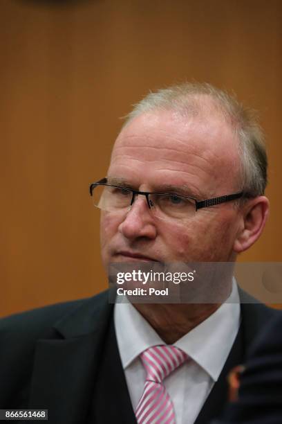 Hannes Linke, lawyer of Daniel M., looks on prior to the trial on charges of spying for the Swiss government October 26, 2017 in Frankfurt Main,...