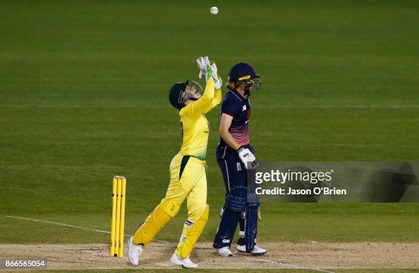Australia's Alyssa Healy celebrates after taking the catch to dismiss Sarah Taylor during the Women's One Day International match between Australia...