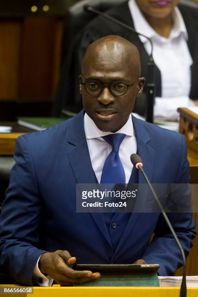 Finance Minister Malusi Gigaba delivers his Medium-term budget speech in Parliament on October 25, 2017 in Cape Town, South Africa. During his...