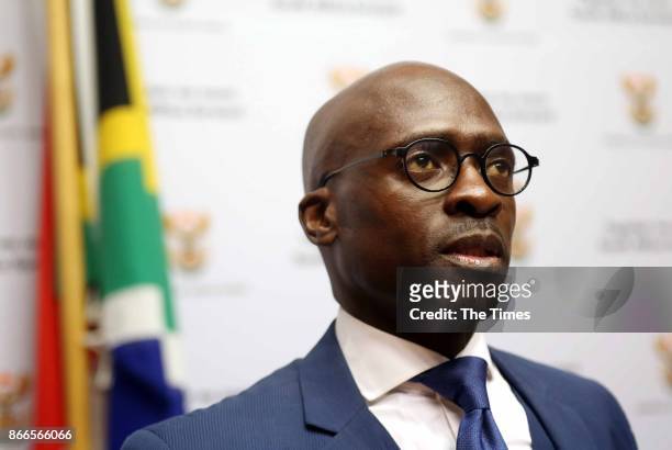 Finance Minister Malusi Gigaba addresses the media before his Medium-term budget speech in Parliament on October 25, 2017 in Cape Town, South Africa....