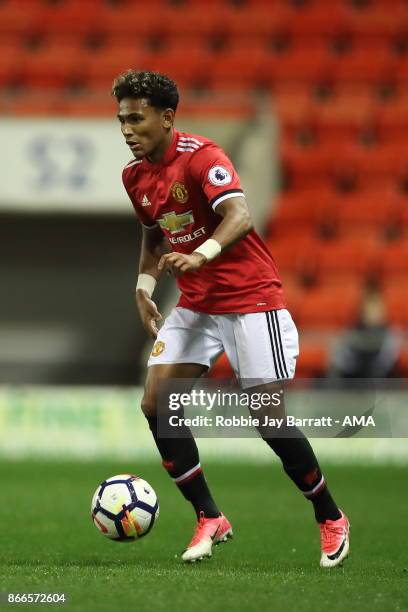 Demetri Mitchell of Manchester United during the Premier League 2 fixture between Manchester United and Liverpool at Leigh Sports Village on October...