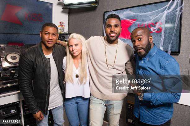 Jason Derulo , pictured with presenters Rickie Haywood , Charlie Hedges and Melvin O'Doom , visits Kiss FM Studio's on October 26, 2017 in London,...