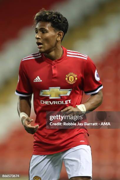 Demetri Mitchell of Manchester United during the Premier League 2 fixture between Manchester United and Liverpool at Leigh Sports Village on October...