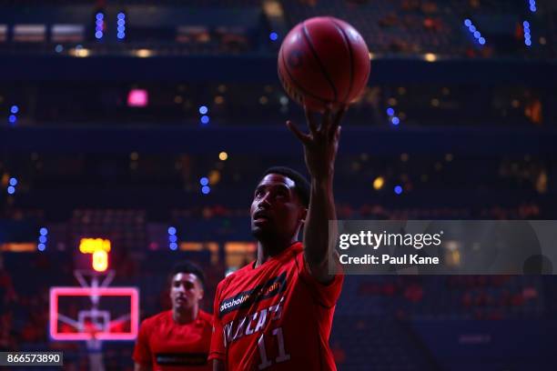 Bryce Cotton of the Wildcats warms up before the round four NBL match between the Perth Wildcats and the Illawarra Hawks at Perth Arena on October...