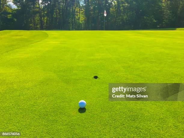 golf ball lying on the green with a divot faraway from the golf hole - green de golf imagens e fotografias de stock