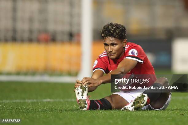 Demetri Mitchell of Manchester United during the Premier League 2 fixture between Manchester United and Liverpool at Leigh Sports Village on October...