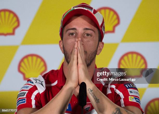 Andrea Dovizioso of Italy and Ducati Team looks on during a press conference ahead of the MotoGP of Malaysia at Sepang Circuit on October 26, 2017 in...