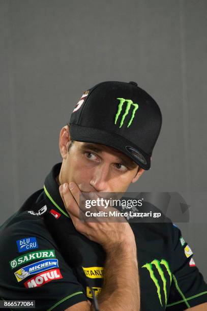 Johann Zarco of France and Monster Yamaha Tech 3 looks on during a press conference ahead of the MotoGP of Malaysia at Sepang Circuit on October 26,...