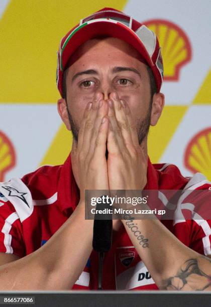 Andrea Dovizioso of Italy and Ducati Team looks on during a press conference ahead of the MotoGP of Malaysia at Sepang Circuit on October 26, 2017 in...