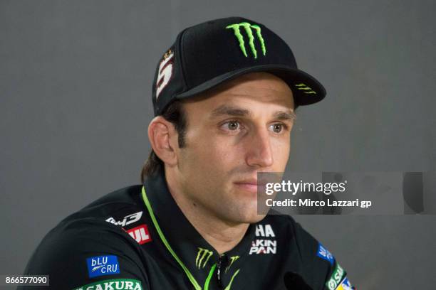 Johann Zarco of France and Monster Yamaha Tech 3 speaks during a press conference ahead of the MotoGP of Malaysia at Sepang Circuit on October 26,...