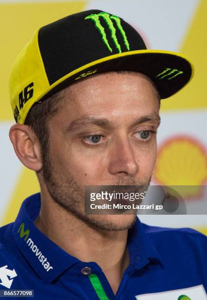 Valentino Rossi of Italy and Movistar Yamaha MotoGP looks on during a press conference ahead of the MotoGP of Malaysia at Sepang Circuit on October...