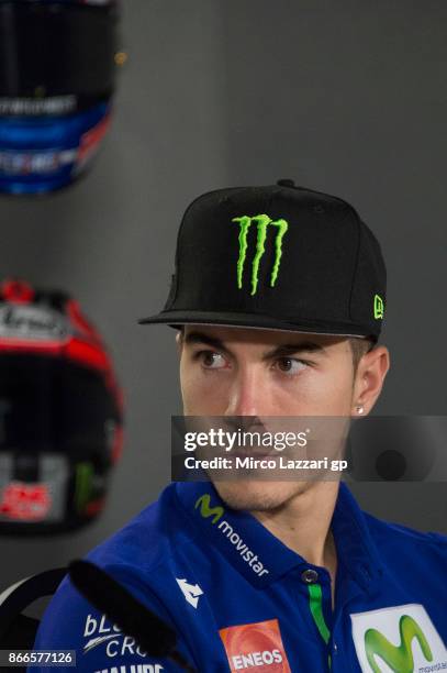 Maverick Vinales of Spain and Movistar Yamaha MotoGP looks on during a press conference ahead of the MotoGP of Malaysia at Sepang Circuit on October...