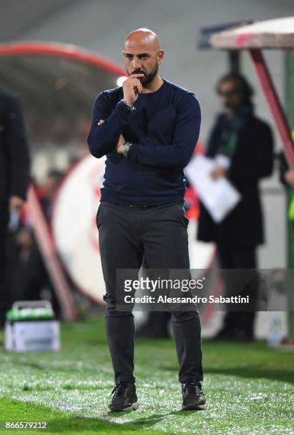 Head coach Nicola Antonio Calabro of FC Carpi reacts during the Serie B match between FC Carpi and US Citta di Palermo on October 24, 2017 in Carpi,...