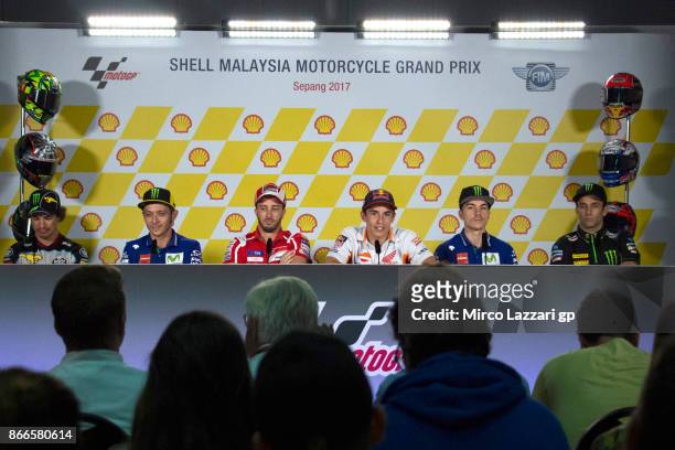 The MotoGP riders look on during a press conference ahead of the MotoGP of Malaysia at Sepang Circuit on October 26, 2017 in Kuala Lumpur, Malaysia.