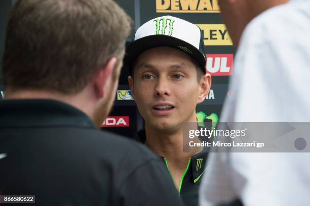 Michael Van Der Mark of Netherlands and Monster Yamaha Tech 3 speaks with journalists in the paddock ahead of the MotoGP of Malaysia at Sepang...